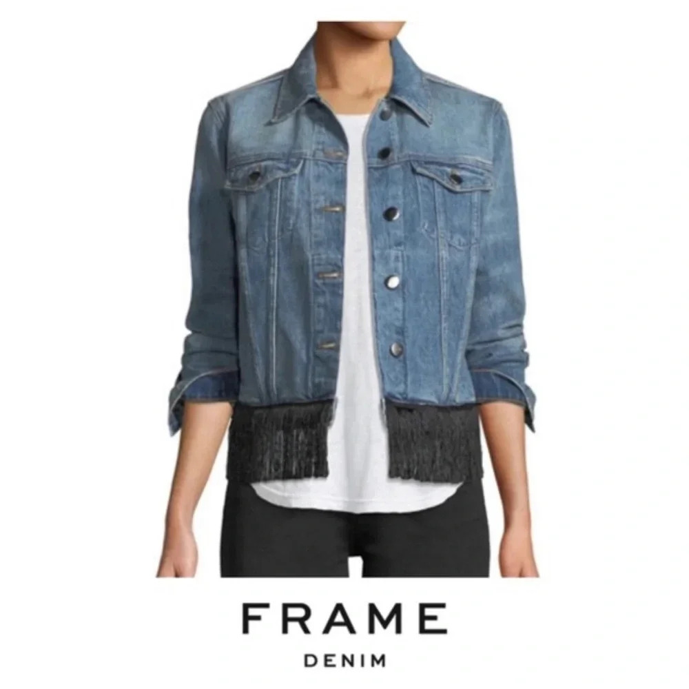 Frame Denim Jacket Button Front Black Fringe Embelishment Size Small Revolve